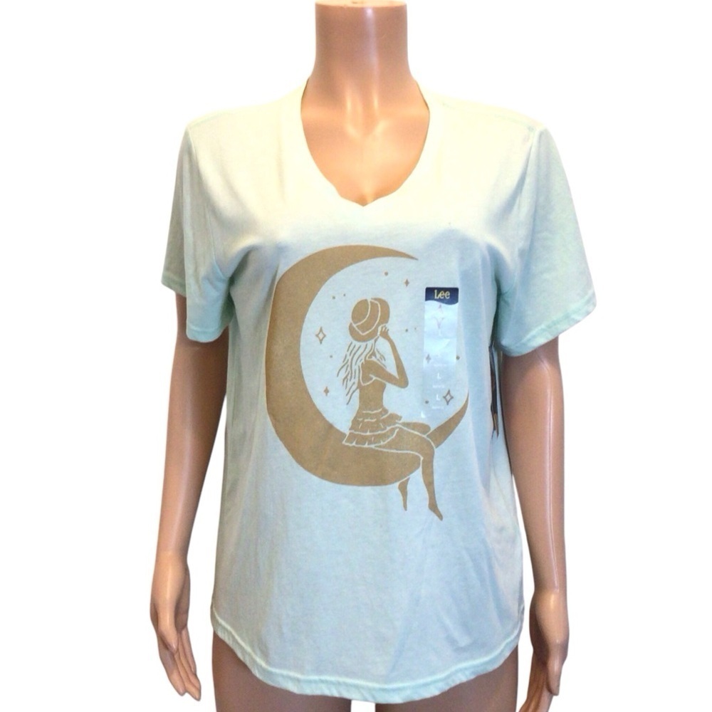 Lee Womens Mint Green Girl Sitting On Moon Short Sleeve Graphic Print Tee Size L